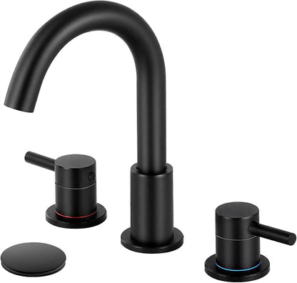 Black 8 Inch Widespread Bathroom Faucet 3 Hole with Pop-up Drain | 2 Handle, 8 Inch 3 Hole Sink, 360° Swivel Spout, RV Vanity, Quick Connect, Supply Hoses, NSF372 NSF61 cUPC