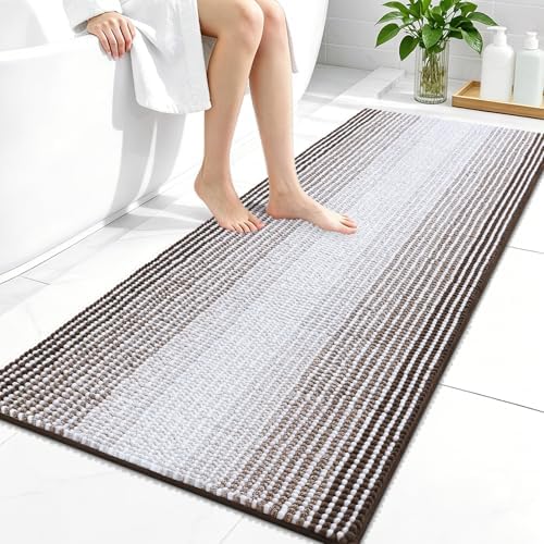 OLANLY Bathroom Runner Rugs 44x24, Soft Chenille Striped Bath Rugs, Brown