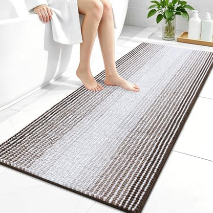 OLANLY Bathroom Runner Rugs 44x24, Soft Chenille Striped Bath Rugs, Brown