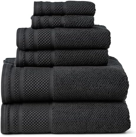 Texere 100% Organic Cotton Rice Weave Jacquard 700 GSM Luxury Bath Towel Sets - Spa Quality Bath Towels, Hand Towels, Washcloths (Rice Weave, Black, 6 Piece)