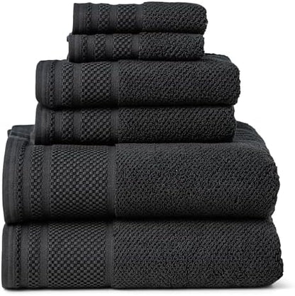 Texere 100% Organic Cotton Rice Weave Jacquard 700 GSM Luxury Bath Towel Sets - Spa Quality Bath Towels, Hand Towels, Washcloths (Rice Weave, Black, 6 Piece)