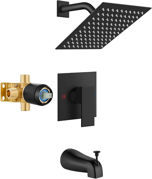 Airuida 8 Inch Shower Faucet Set,Bathtub Faucet Kit,Matte Black | Shower Tub Faucet Set,Male Threads Rough-In Valve,Square Head Shower System