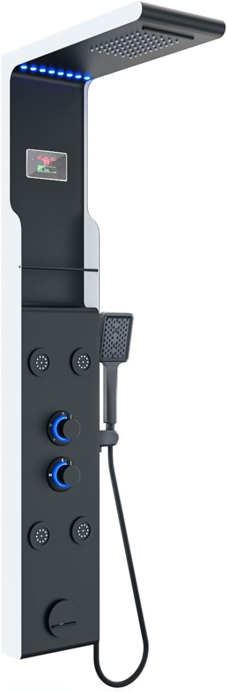 ELLO&ALLO LED Shower Panel Tower System with Shelf, Rainfall Shower Head and Rain Massage System with Body Jets, Stainless Steel Bathroom Fixtures, Matte Black&Slive