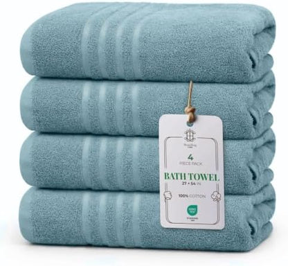 CORE 4-Piece Cotton Bath Towels for Bathroom | Value Pack, Soft, Absorbent, Quick-Dry, Lightweight, Minimalist, 27x54 in, Soft Teal