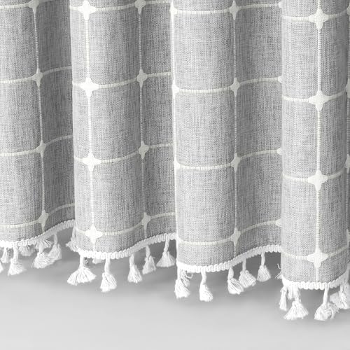 Boho Farmhouse Classic Plaid Linen Tassel Shower Curtain Light Grey,36x72