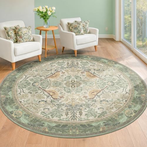 Hazo Haus Washable Sage Green 6ft Area Round Rug for Living Room - Vintage Circular Rug for Kids Bedroom, Dining Room, Office with Botanical Floral Bird Pattern, Low Pile Non Slip Stain Resistant