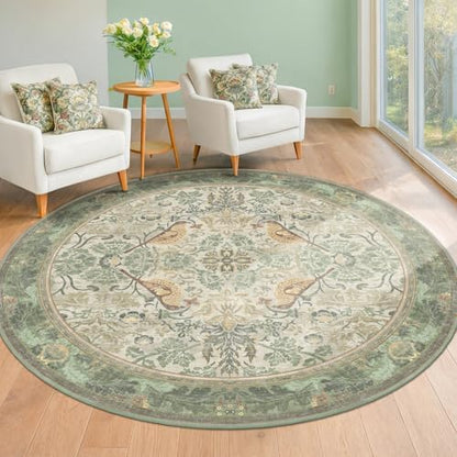 Hazo Haus Washable Sage Green 6ft Area Round Rug for Living Room - Vintage Circular Rug for Kids Bedroom, Dining Room, Office with Botanical Floral Bird Pattern, Low Pile Non Slip Stain Resistant