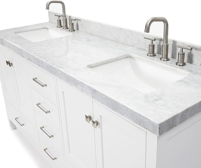 ARIEL Cambridge 72-inch Bathroom Vanity with Sink,Solid Wood, 2-inch Italian Carrara Marble Countertop, Double Rectangular Porcelain Sink, 4 Soft Closing Doors, 6 Dovetail Drawers, White