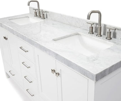 ARIEL Cambridge 72-inch Bathroom Vanity with Sink,Solid Wood, 2-inch Italian Carrara Marble Countertop, Double Rectangular Porcelain Sink, 4 Soft Closing Doors, 6 Dovetail Drawers, White