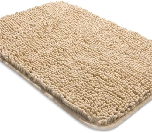 Yeaban Chenille Ivory Cream Bathroom Rug 17"x24", Non-Slip Rubber Backing