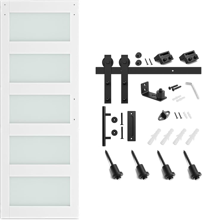 SMARTSTANDARD 30 x 80 in Glass Barn Door with 5FT Sliding Hardware Kit | Pre-Drilled Ready to Assemble, Waterproof PVC Coating, White, 5-Panel Glass