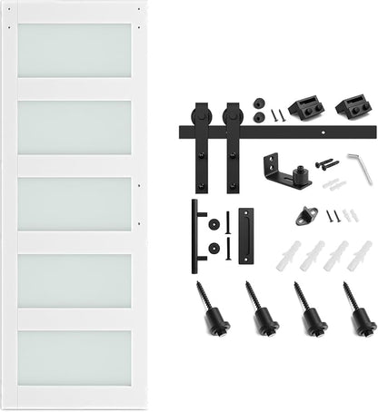 SMARTSTANDARD 30 x 80 in Glass Barn Door with 5FT Sliding Hardware Kit | Pre-Drilled Ready to Assemble, Waterproof PVC Coating, White, 5-Panel Glass