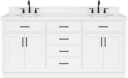 ARIEL Hepburn 72-inch Bathroom Vanity with Sink,Solid Wood, 1.5-inch Carrara White Quartz Countertop & Backsplash, Double Oval Porcelain Sink, 4 Soft Closing Doors, 6 Dovetail Drawers, White