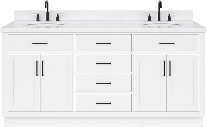 ARIEL Hepburn 72-inch Bathroom Vanity with Sink,Solid Wood, 1.5-inch Carrara White Quartz Countertop & Backsplash, Double Oval Porcelain Sink, 4 Soft Closing Doors, 6 Dovetail Drawers, White