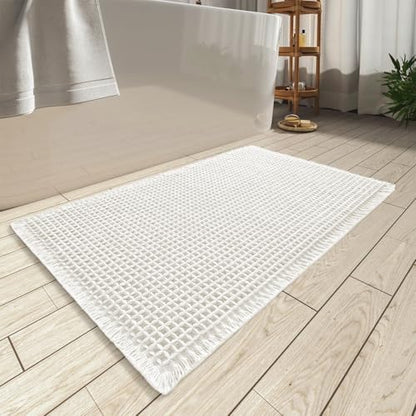 AMOAMI Upgraded Waffle Bath Mat, Super Absorbent Non Slip Bath Mats for Bathroom Floor, Machine Washable Bathroom Rugs with Tassels, Rubber Backed Bathroom Mats, Ultra Soft, 24" x 36", White
