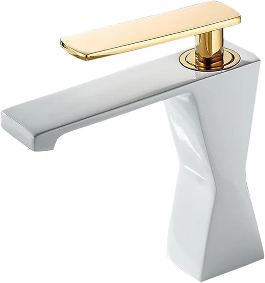 Bathroom Sink Faucet Brass Modern Cold Waterfall Deck Mounted Vessel(White-Gold)