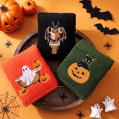 FuWeave 3 Pcs Orange Green Halloween Ghost Hand Towels for Bathroom