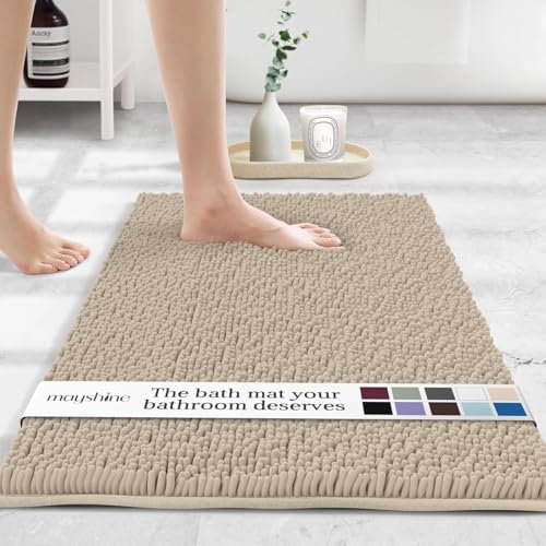 MAYSHINE Plush Shaggy Chenille Bath Mat | Extra Soft, Super Absorbent, Non-Slip Bathroom Rug | Fluffy Microfiber, Area Rug Sets for Bathroom Floor, Kitchen, Living Room | 59"x31" | Beige