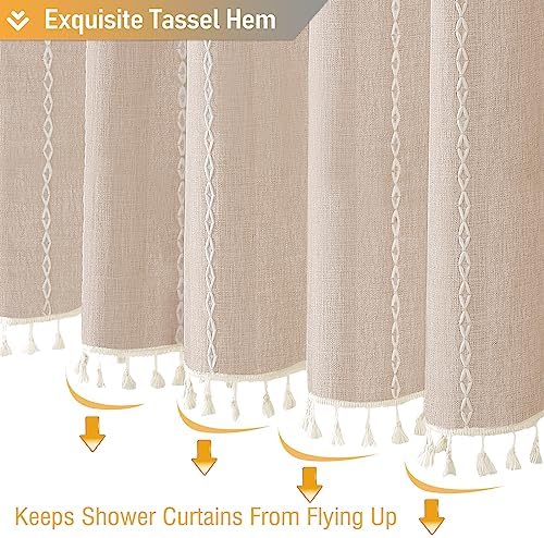 BTTN Tan Cream Boho Farmhouse Linen Heavy Duty Shower Curtain, Taupe, 72x72