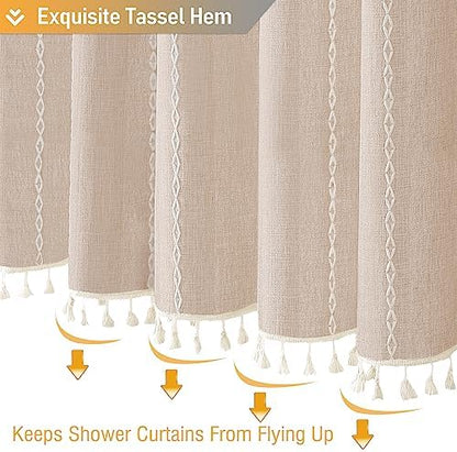 BTTN Tan Cream Boho Farmhouse Linen Heavy Duty Shower Curtain, Taupe, 72x72
