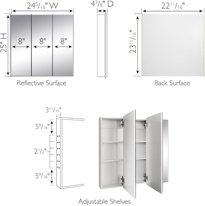Design House Cyprus Bathroom Medicine Cabinet with Mirror, 25 Inch Recessed or Surface Mount Cabinet, 3 Frameless Mirrored Doors, 2 Shelves, White, Pre-Assembled, 597484 | Adjustable Shelves, Wall Mount, Contemporary/Modern, Wood, Bath, 597484