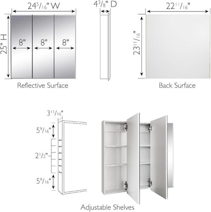 Design House Cyprus Bathroom Medicine Cabinet with Mirror, 25 Inch Recessed or Surface Mount Cabinet, 3 Frameless Mirrored Doors, 2 Shelves, White, Pre-Assembled, 597484 | Adjustable Shelves, Wall Mount, Contemporary/Modern, Wood, Bath, 597484