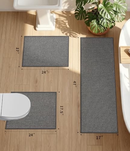 YIHOUSE Dark Grey Bathroom Rugs Sets 3 Pieces,Thin Bath Mat Quick Dry