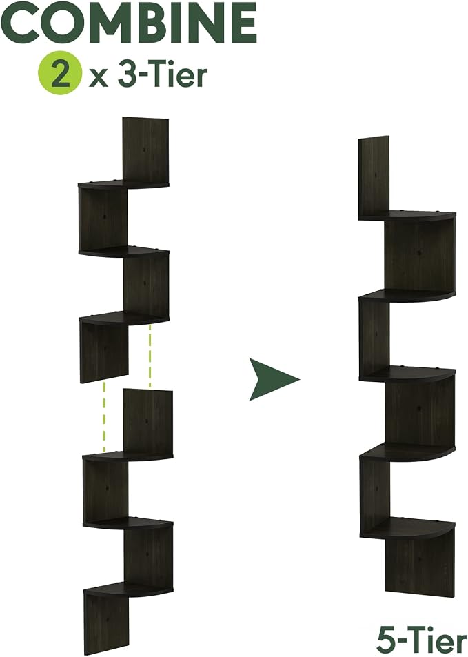 Furinno Rossi Set of 2 3-Tier Corner Floating Shelves for Wall, Espresso | Zigzag Wall Shelf, Radial Mounted Floating Book Shelf, for Bathroom, Bedroom, Living Room