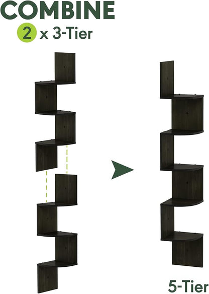 Furinno Rossi Set of 2 3-Tier Corner Floating Shelves for Wall, Espresso | Zigzag Wall Shelf, Radial Mounted Floating Book Shelf, for Bathroom, Bedroom, Living Room