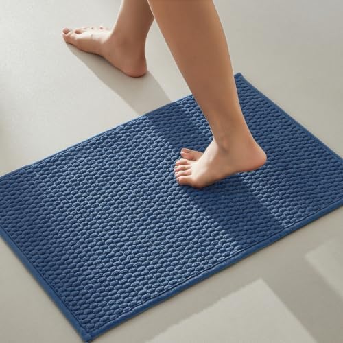TYUU Bathroom Rugs Non Slip Washable, Super Absorbent Thin Bath Mat Small Quick Dry Low Pile Bathroom Rug, Navy Blue 16"x24"