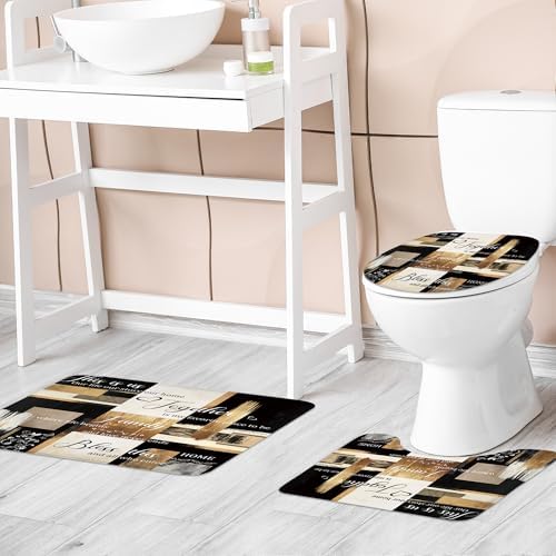 Black Gold Abstract Oil Painting 4Pcs Bathroom Shower Curtain Set with Rugs