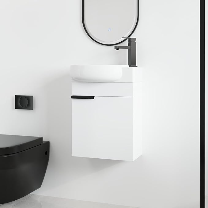 Malwee 16 Inch Floating Bathroom Vanity with Sink, 16'' Wall Mounted Single Sink Bathroom Vanity Combo, Modern White Cabinet Set with 1 Soft Close Door and Ceramics Basin Top,MAF02916-GWH