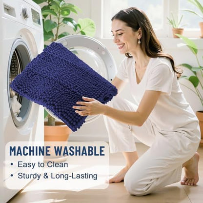 Grandaily Chenille Striped Bathroom Rugs 24x16, Extra Thick and Soft Absorbent Bath Mats, Rubber Backing, Plush Shaggy Shower Carpet, Machine Wash Dry, Bath Rug for Bathroom, Twilight Sapphire