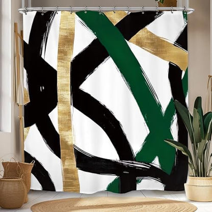 Abstract Emerald Green Black Gold Shower Curtain 60Wx72L Inch Modern Minimalist Contemporary Geometric Bathroom Set Accessories Decor with 12 Pack Hooks