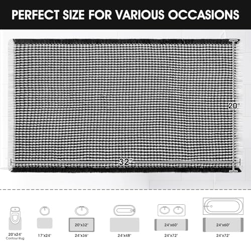 Upgraded Waffle Bath Mat, 32"x20" Black & White, Super Absorbent Non-Slip Quick Dry Bathroom Rugs with Tassels, Machine Washable Ultra Soft Boho Bath Rugs for Floor, Toilet Mats Boho Farmhouse Decor