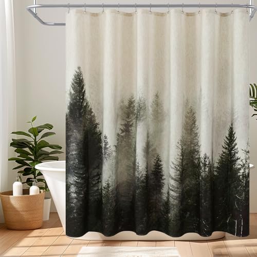 ORTIGIA Dark Green Misty Forest Linen Shower Curtain Nature Mountain Tree Woodland Shower Curtain Set for Bathroom Heavy Blend Fabric Curtains with 12 Metal Hooks 72x72 Inch