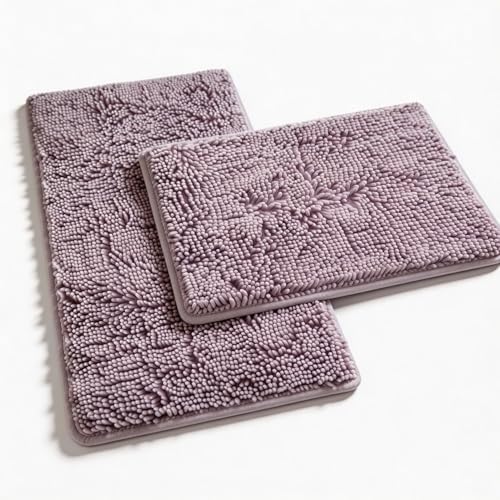 Chenille Bath Mats Set 2 Piece Non-Slip Luxury Bath Runner Rugs Extra Soft Absorbent Shaggy Washable Dry Plush Area Carpet Mats - Lavender