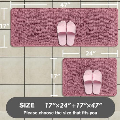 Bathroom Rugs Sets 2 Piece – Absorbent and Washable Bath Mat, Non-Slip, Thick Soft Chenille Bath Rugs for Bathroom Floor, Shower, Sink(17" x 24"+17" x 47", Dusty Rose)