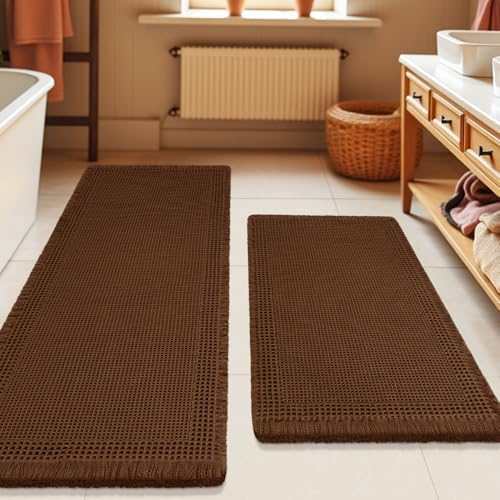 Waffle Bath Mat Set 2 Piece, Boho Woven Modern Bath Rug Absorbent Non Slip, Ultra Soft Bathroom Mats, Machine Washable Knit Bath Rugs with Border for Bathroom, Bedroom, Kitchen, Shower, Tub, Brown