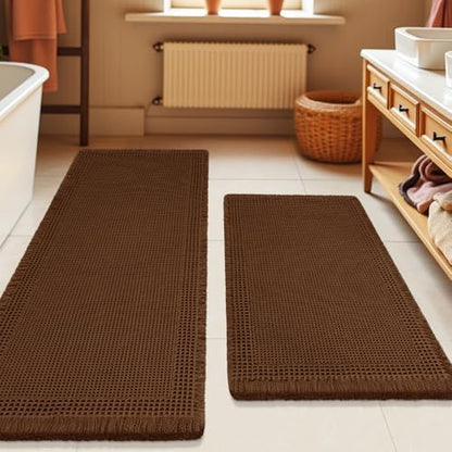 Waffle Bath Mat Set 2 Piece, Boho Woven Modern Bath Rug Absorbent Non Slip, Ultra Soft Bathroom Mats, Machine Washable Knit Bath Rugs with Border for Bathroom, Bedroom, Kitchen, Shower, Tub, Brown
