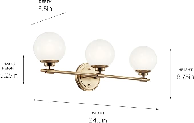 Kichler Benno 3-Light Vanity, Modern Light with Opal Glass in Champagne Bronze, for Bathroom or Powder Room (8.75" x 24.5"), 55172CPZ