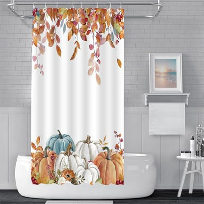 Fall Pumpkin Shower Curtain, Thanksgiving Autumn Maple Leaves Watercolor Floral Harvest Boho Bathroom Curtains with Hooks for Bathroom Bathtubs Decor, Waterproof Polyester Fabric 48x72