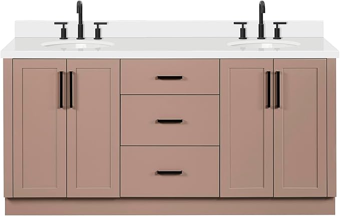 ARIEL Loren 72-inch Bathroom Vanity with Sink,Solid Wood, 1.5-inch Pure White Quartz Countertop, Double Oval Porcelain Sink, 4 Soft Closing Doors, 3 Dovetail Drawers, Mocha