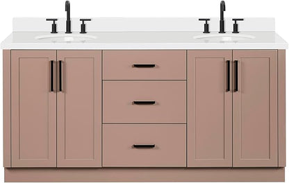 ARIEL Loren 72-inch Bathroom Vanity with Sink,Solid Wood, 1.5-inch Pure White Quartz Countertop, Double Oval Porcelain Sink, 4 Soft Closing Doors, 3 Dovetail Drawers, Mocha