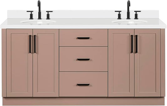 ARIEL Loren 72-inch Bathroom Vanity with Sink,Solid Wood, 1.5-inch Pure White Quartz Countertop, Double Oval Porcelain Sink, 4 Soft Closing Doors, 3 Dovetail Drawers, Mocha