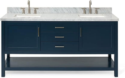 ARIEL Bayhill 72-inch Bathroom Vanity with Sink,Solid Wood, 1.5-inch Italian Carrara Marble Countertop, Double Rectangular Porcelain Sink, 2 Soft Closing Doors, 3 Dovetail Drawers, Midnight Blue