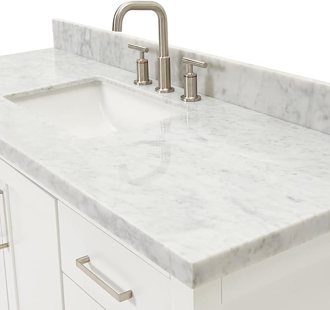 DKB Olivia 54-Inch White Bathroom Vanity with Sink, 1.5-Inch Edge Italian Carrara Marble Countertop & Backsplash, Rectangular Undermount Sink, 2 Soft Closing Doors, 6 Dovetail Drawers, Brushed Nickel