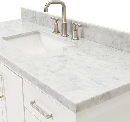 DKB Olivia 54-Inch White Bathroom Vanity with Sink, 1.5-Inch Edge Italian Carrara Marble Countertop & Backsplash, Rectangular Undermount Sink, 2 Soft Closing Doors, 6 Dovetail Drawers, Brushed Nickel