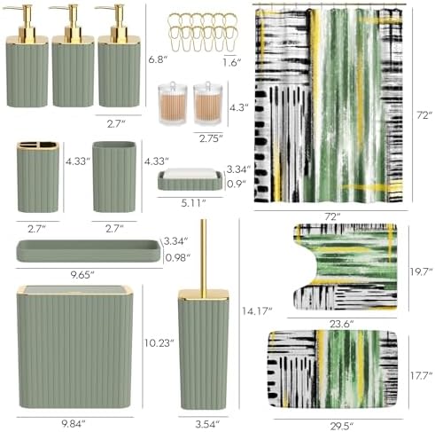 Bathroom Set - Bathroom Accessory Set, Sage Green Bathroom Set, 26PC Bathroom Sets with Shower Curtain and Rugs, Toilet Brush, Trash Can, Qtip Holder & Bathroom Soap Dispenser Set