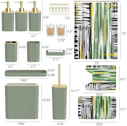 Bathroom Set - Bathroom Accessory Set, Sage Green Bathroom Set, 26PC Bathroom Sets with Shower Curtain and Rugs, Toilet Brush, Trash Can, Qtip Holder & Bathroom Soap Dispenser Set